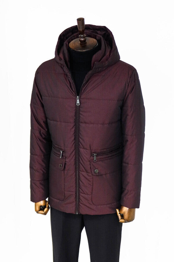 Slim Fit Hooded Burgundy Men Coat - Wessi