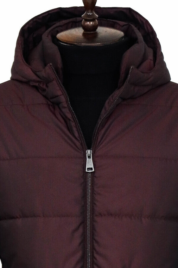 Slim Fit Hooded Burgundy Men Coat - Wessi