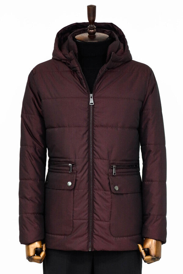 Slim Fit Hooded Burgundy Men Coat - Wessi