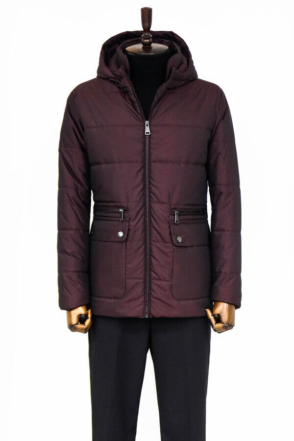 Slim Fit Hooded Burgundy Men Coat - Wessi