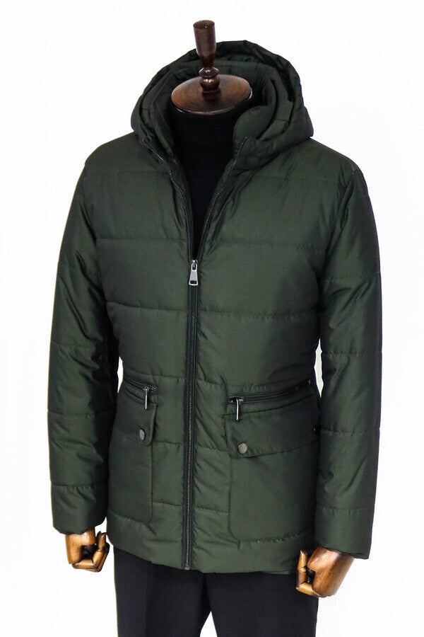 Slim Fit Hooded Green Men Coat - Wessi