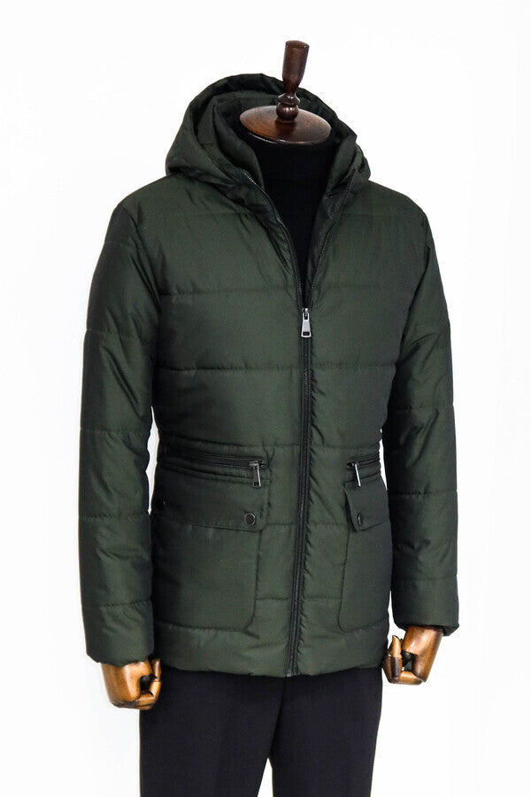 Slim Fit Hooded Green Men Coat - Wessi