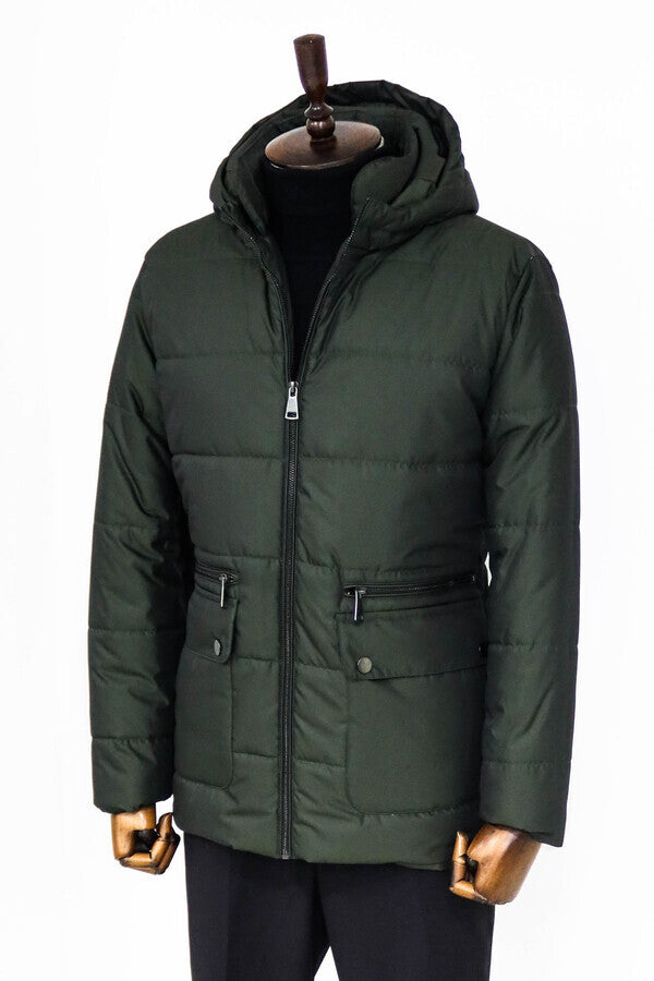 Slim Fit Hooded Green Men Coat - Wessi