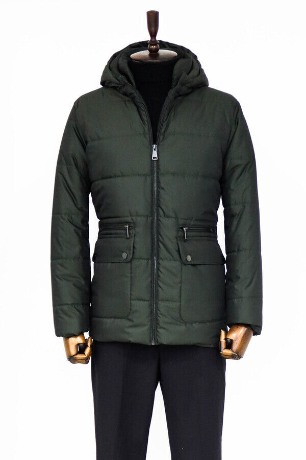 Slim Fit Hooded Green Men Coat - Wessi