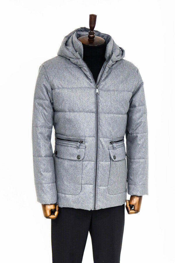 Slim Fit Hooded Grey Men Coat - Wessi