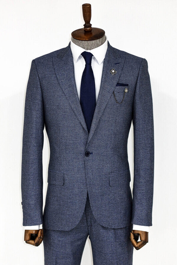 Slim Fit Houndstooth Patterned 2 Piece Navy Blue Men Suit - Wessi