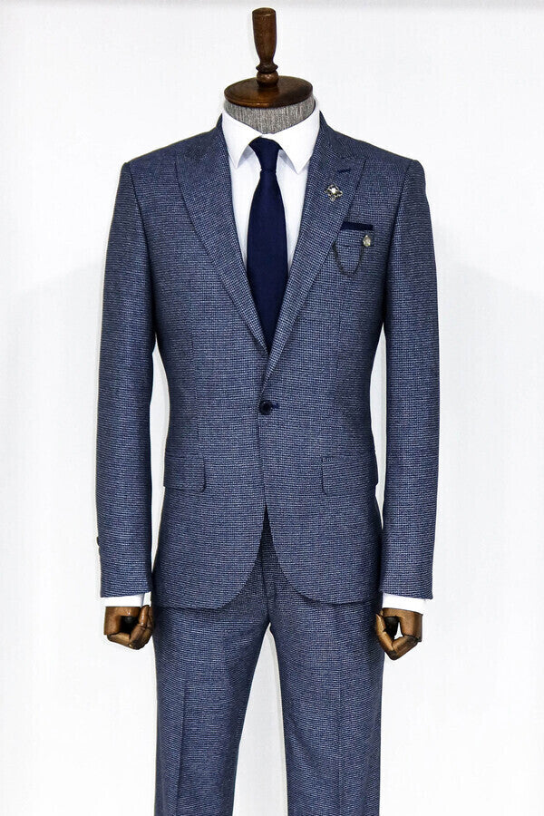 Slim Fit Houndstooth Patterned 2 Piece Navy Blue Men Suit - Wessi