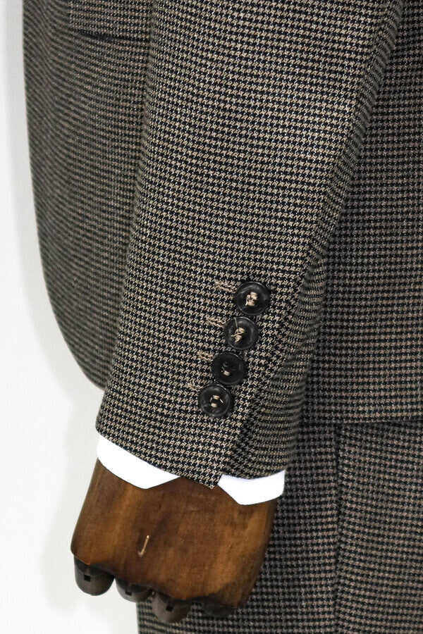 Slim Fit Houndstooth Patterned 2 Piece Brown Men Suit - Wessi