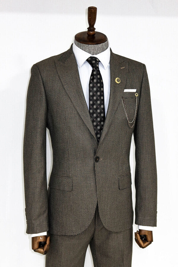 Slim Fit Houndstooth Patterned 2 Piece Brown Men Suit - Wessi