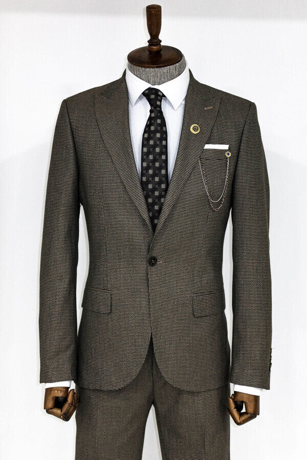 Slim Fit Houndstooth Patterned 2 Piece Brown Men Suit - Wessi