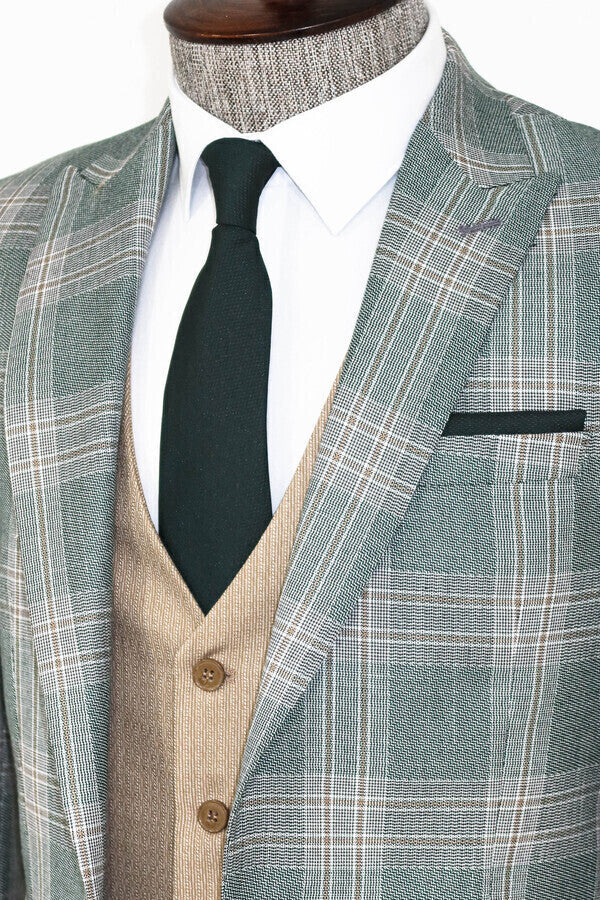 Slim Fit Light Green Vested Suit - Wessi