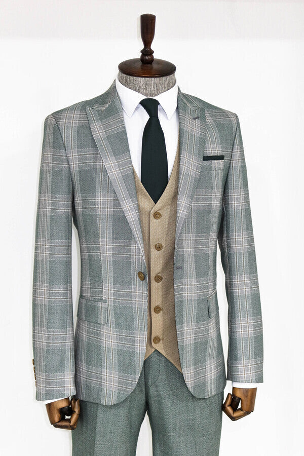 Slim Fit Light Green Vested Suit - Wessi