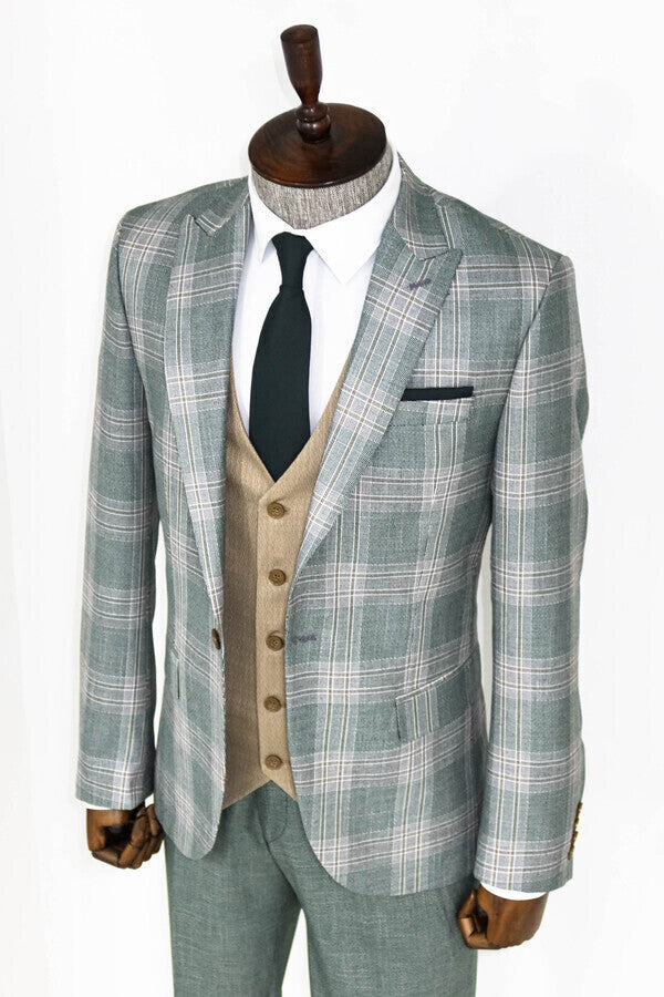 Slim Fit Light Green Vested Suit - Wessi