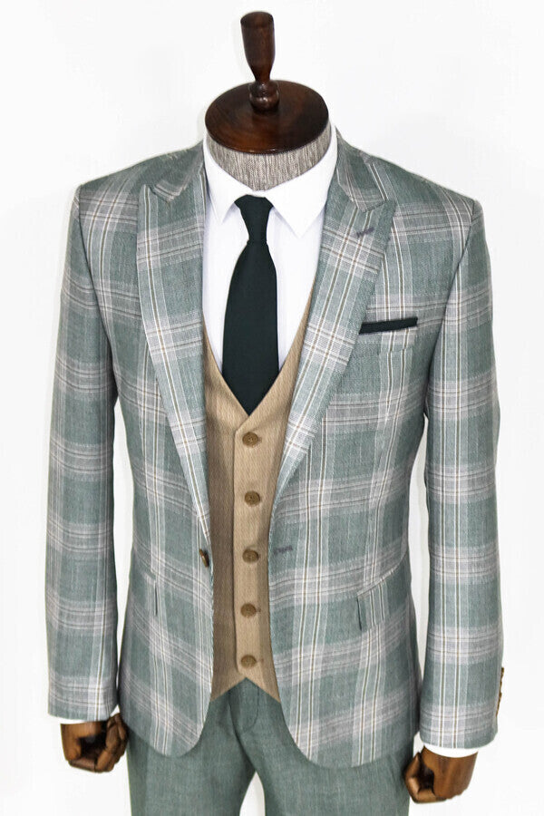 Slim Fit Light Green Vested Suit - Wessi