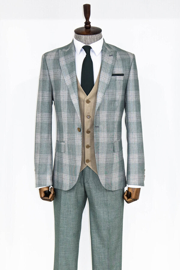 Slim Fit Light Green Vested Suit - Wessi