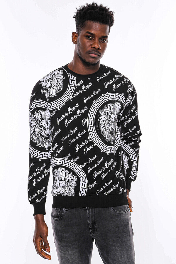 Slim Fit Patterned Black Sweatshirt - Wessi