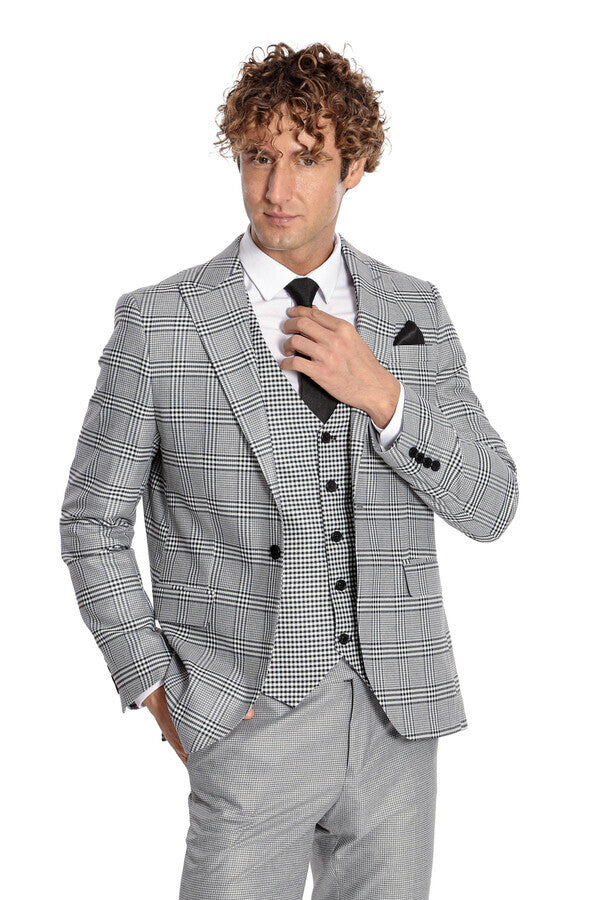 Slim Fit Patterned Checked Grey Men Suit - Wessi