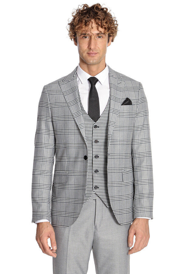 Slim Fit Patterned Checked Grey Men Suit - Wessi