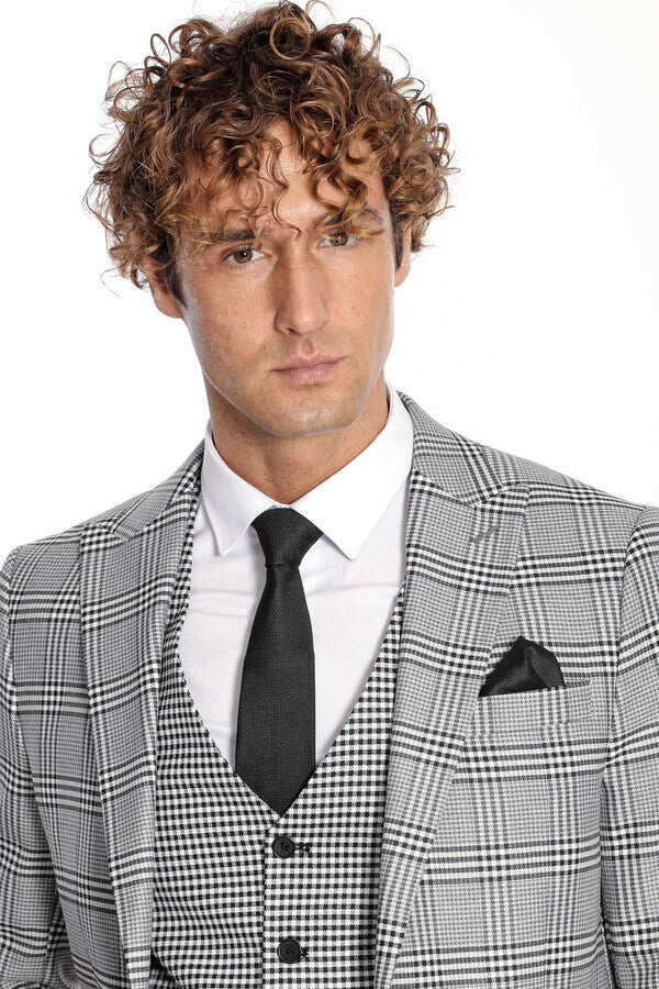 Slim Fit Patterned Checked Grey Men Suit - Wessi