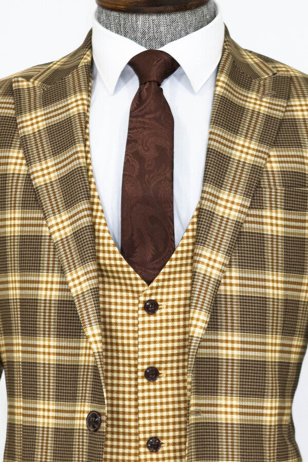 Slim Fit Patterned Checked Light Brown Men Suit - Wessi