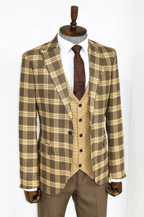 Slim Fit Patterned Checked Light Brown Men Suit - Wessi