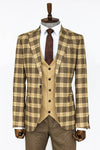 Slim Fit Patterned Checked Light Brown Men Suit - Wessi