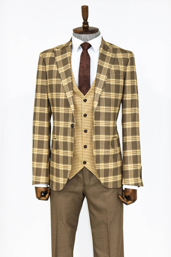 Slim Fit Patterned Checked Light Brown Men Suit - Wessi