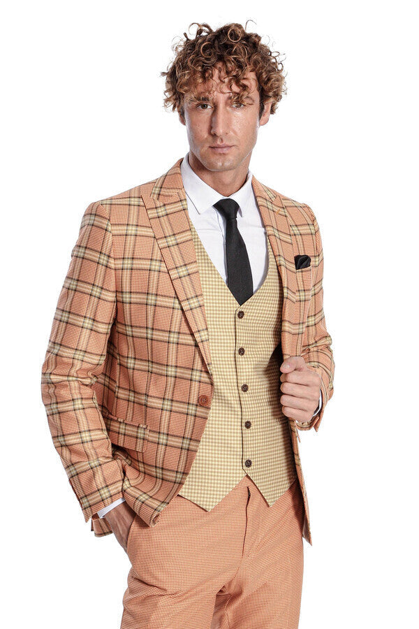 Slim Fit Patterned Checked Orange Men Suit - Wessi