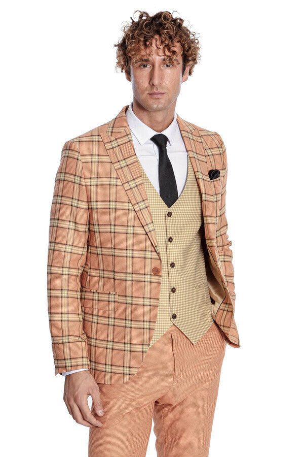 Slim Fit Patterned Checked Orange Men Suit - Wessi