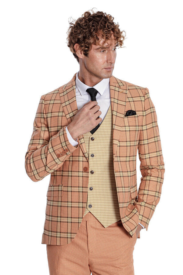 Slim Fit Patterned Checked Orange Men Suit - Wessi