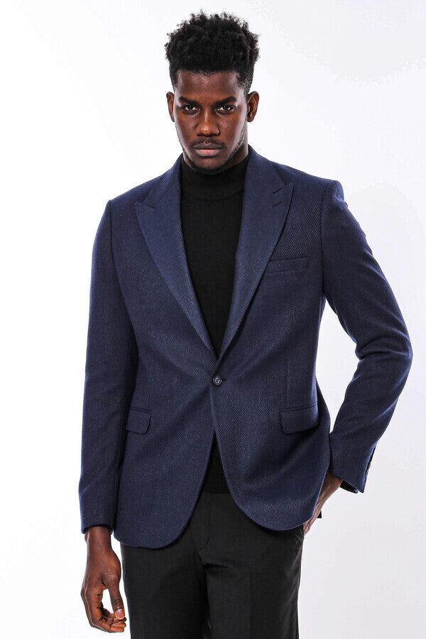 Slim Fit Patterned Dark Blue Men Blazer - Wessi