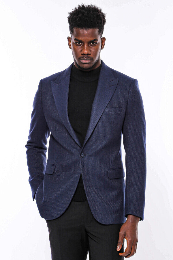 Slim Fit Patterned Dark Blue Men Blazer - Wessi