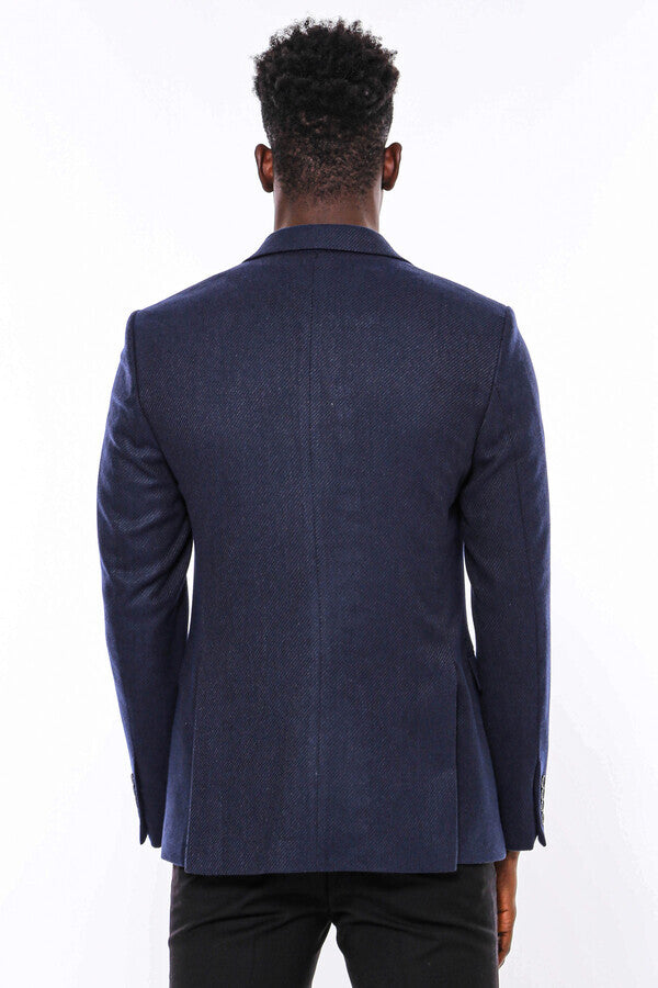 Slim Fit Patterned Dark Blue Men Blazer - Wessi