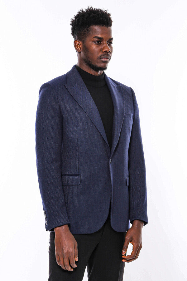 Slim Fit Patterned Dark Blue Men Blazer - Wessi