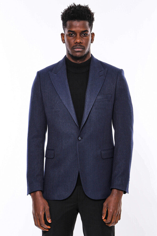 Slim Fit Patterned Dark Blue Men Blazer - Wessi