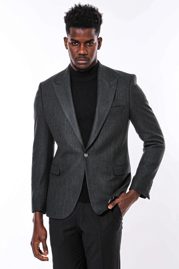 Slim Fit Patterned Dark Green Men Blazer - Wessi