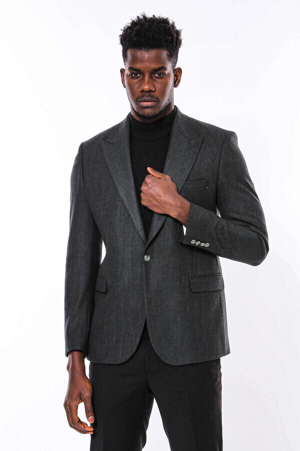 Slim Fit Patterned Dark Green Men Blazer - Wessi