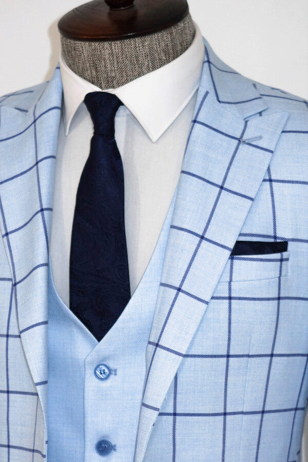 Slim Fit Patterned Light Blue Men Combination Suit - Wessi