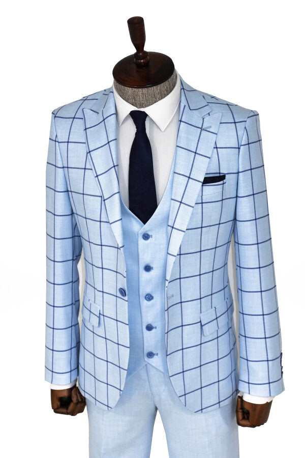 Slim Fit Patterned Light Blue Men Combination Suit - Wessi