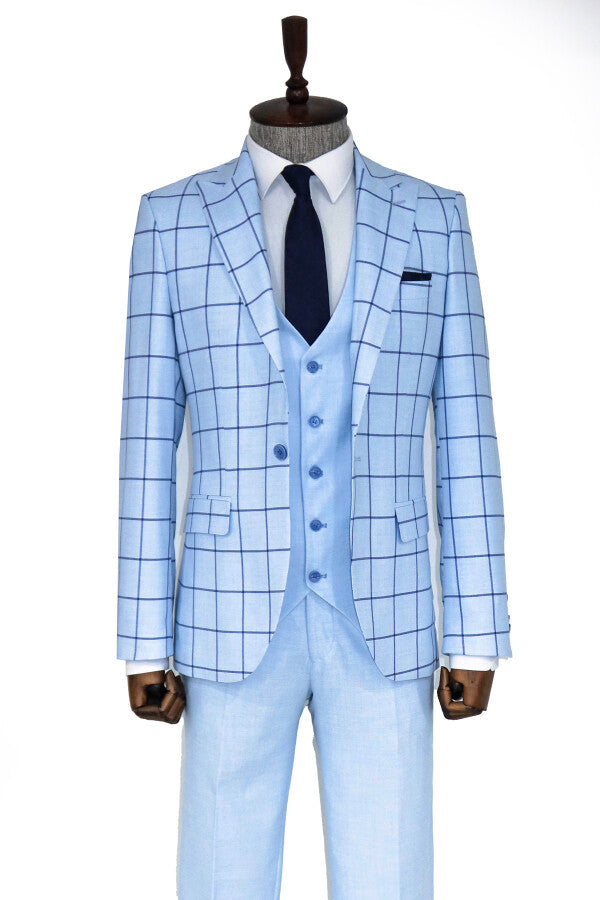 Slim Fit Patterned Light Blue Men Combination Suit - Wessi