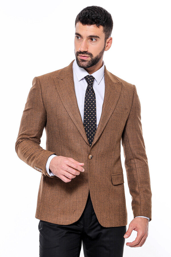 Blazer marrón claro estampado y ajustado para hombre - Wessi