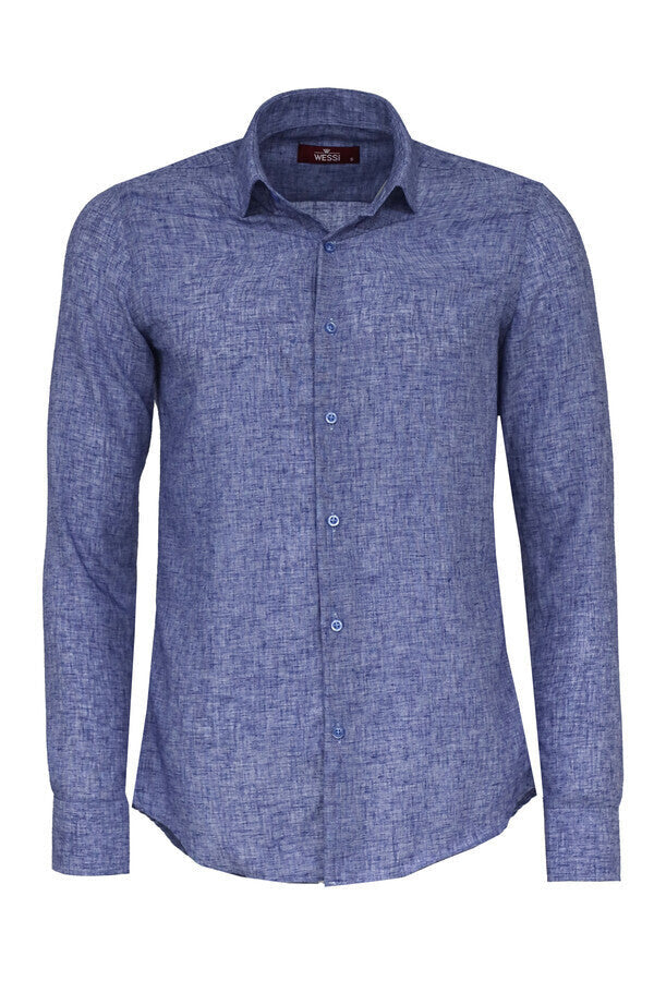 Camisa azul marino estampada de corte entallado para hombre - Wessi