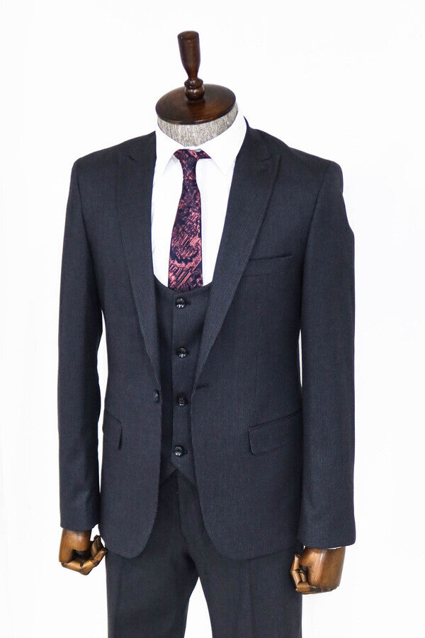 Slim Fit Patterned Navy Blue Men Suit - Wessi