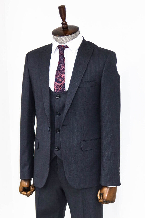 Slim Fit Patterned Navy Blue Men Suit - Wessi