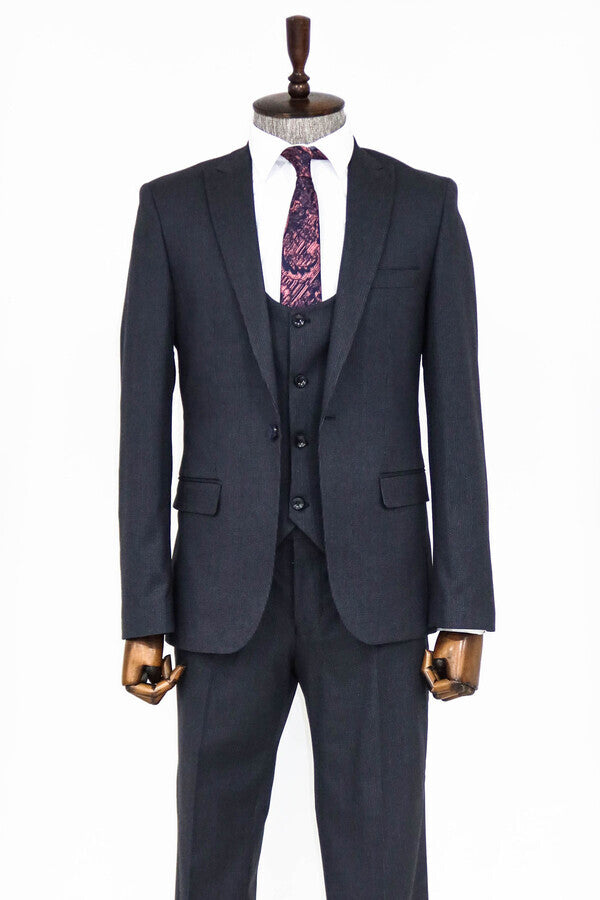 Slim Fit Patterned Navy Blue Men Suit - Wessi