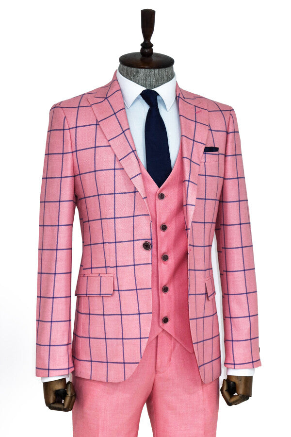 Slim Fit Patterned Pink Men Combination Suit - Wessi