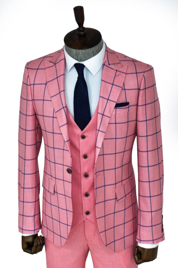 Slim Fit Patterned Pink Men Combination Suit - Wessi