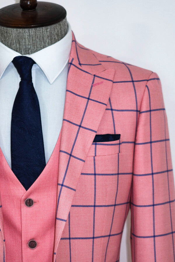 Slim Fit Patterned Pink Men Combination Suit - Wessi