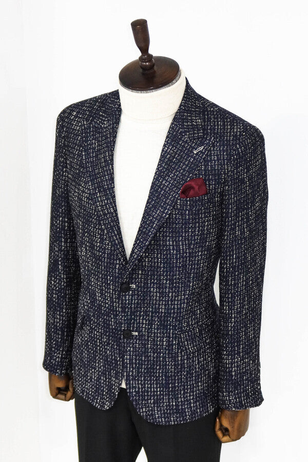 Slim Fit Patterned Sport Navy Blue Men Blazer - Wessi