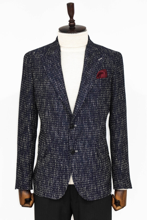 Slim Fit Patterned Sport Navy Blue Men Blazer - Wessi